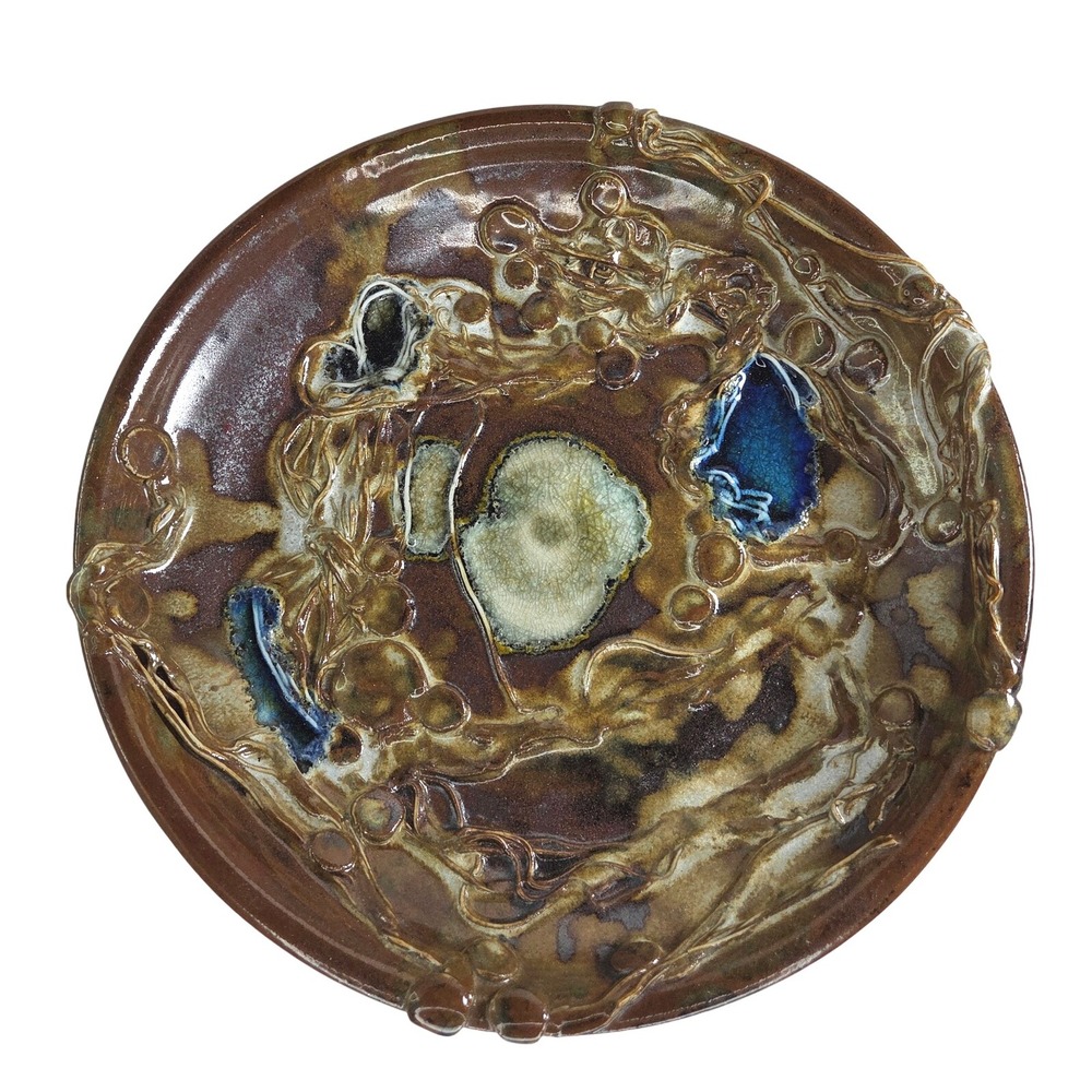 Unique Ceramic Art Plate Signed Sally 81 #3‎ Abstract Glaze Decorative Dish